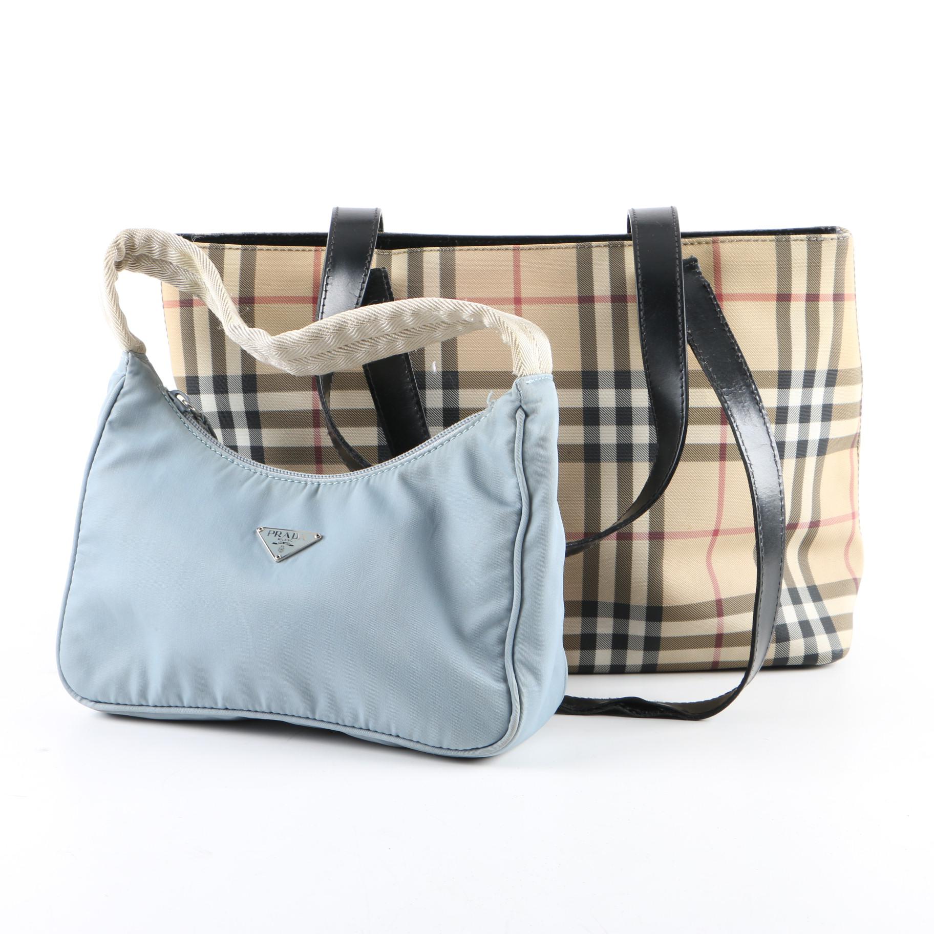 Burberry London “Nova Check” Tote Bag and Prada Nylon Handbag