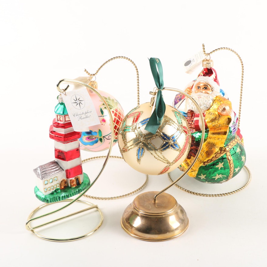 Christopher Radko and Waterford Glass Ornaments with Metal Stands