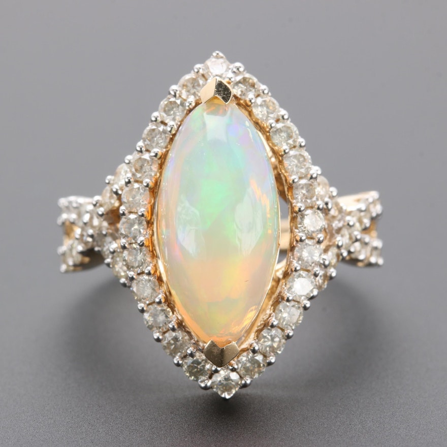 14K Yellow Gold Opal and 0.96 CT Diamond Ring