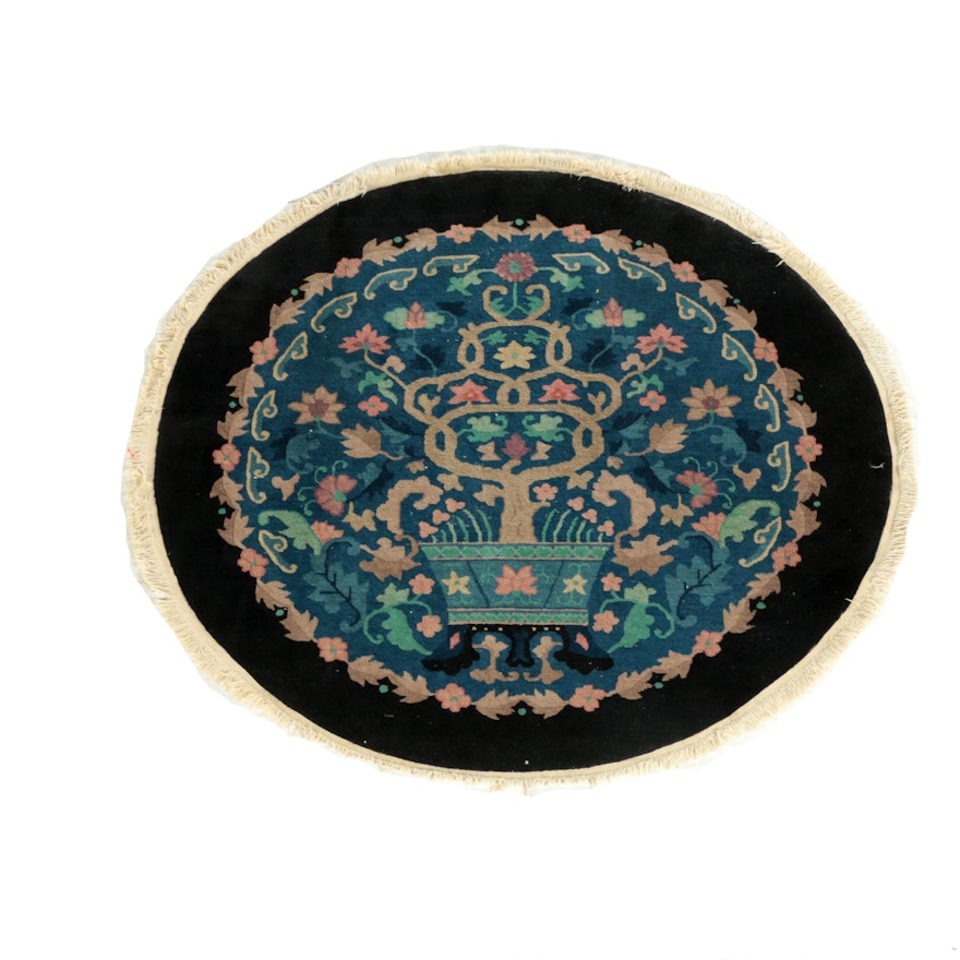 Semi-Antique Hand-Knotted Tibetan "Vase" Oval Area Rug