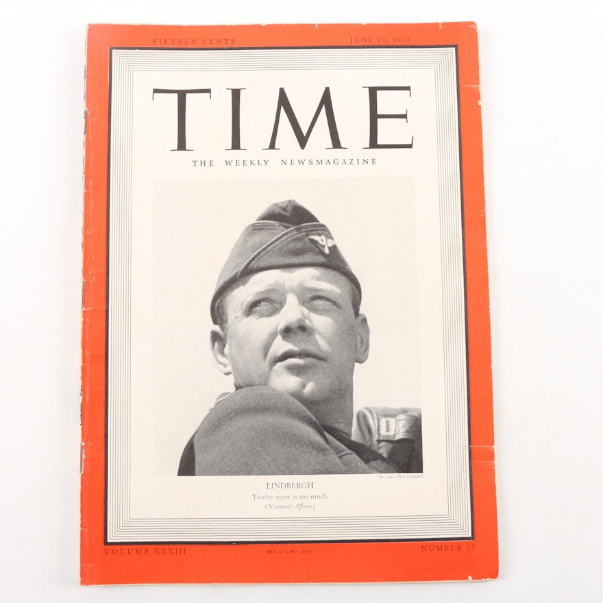 June 19, 1939 "Time" Magazine Featuring Charles A. Lindbergh