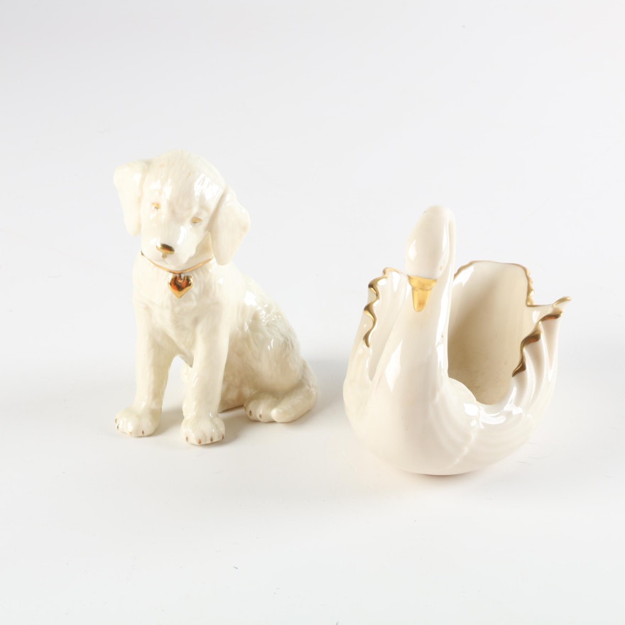 Lenox "Swan Form" Bowl and Porcelain "Golden Retriever" Figurine