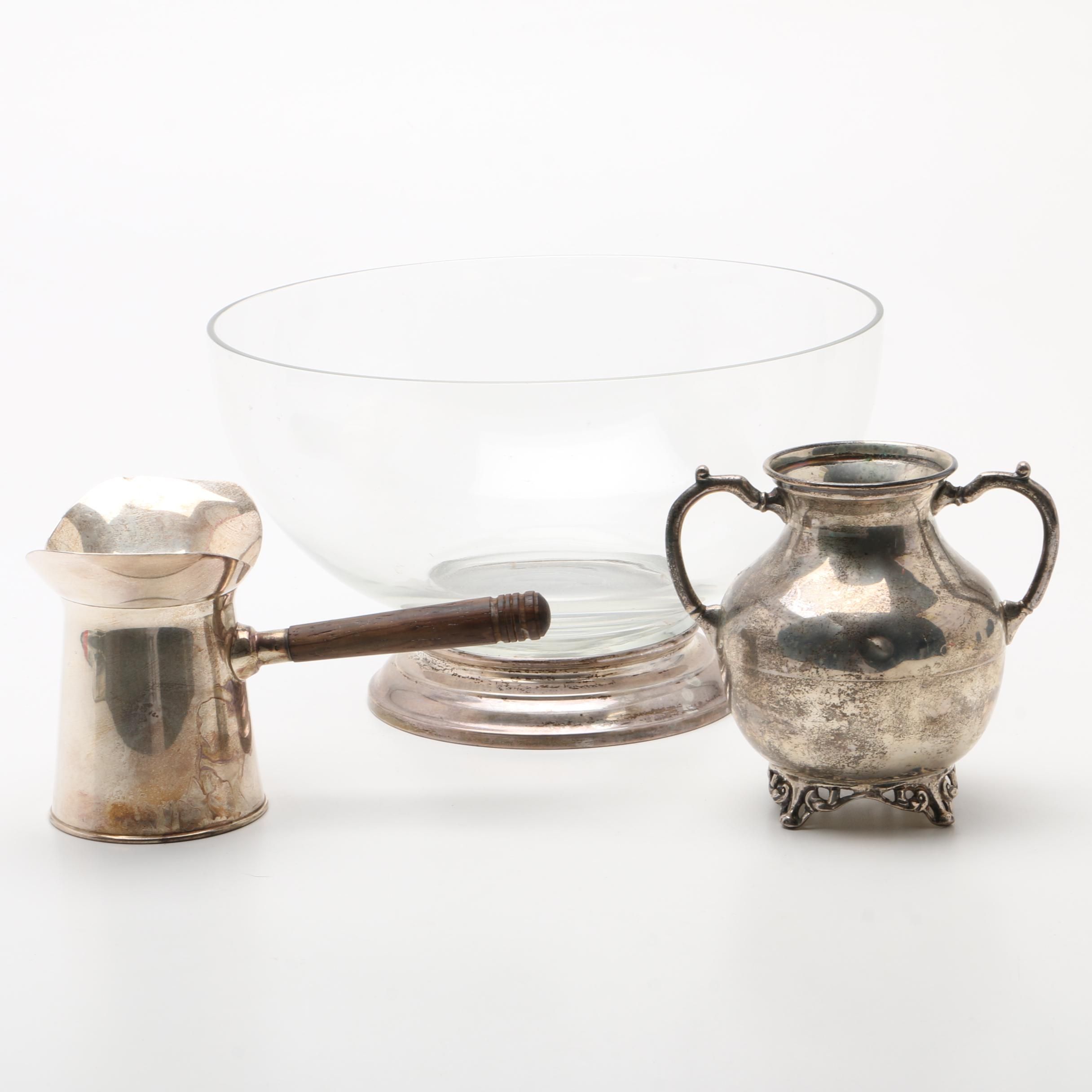 Wallace Sterling and Glass Bowl with Sterling Brandy Warmer and Vase