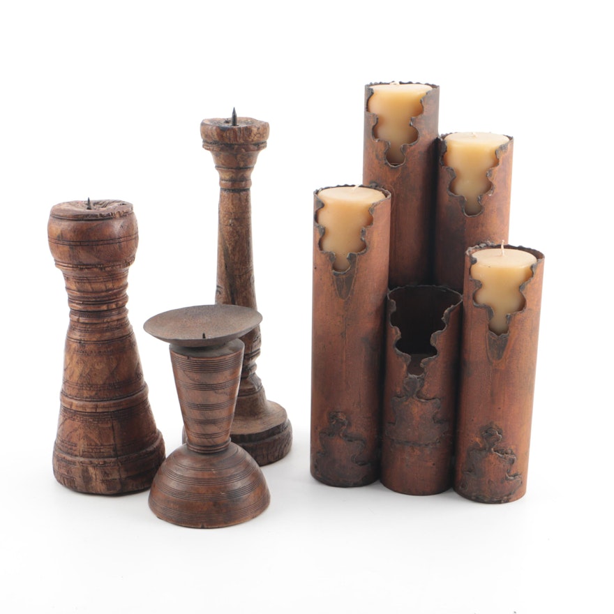 Rustic Carved Wood and Metal Candleholders