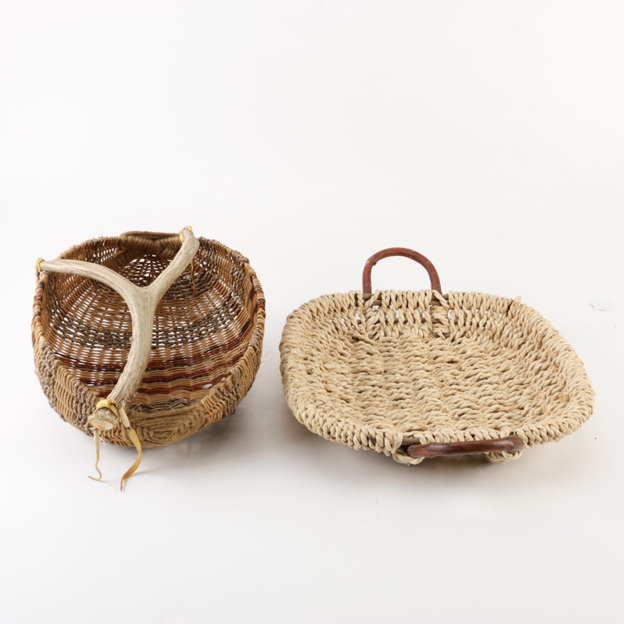 Handmade Antler and Wood Handled Wicker Baskets