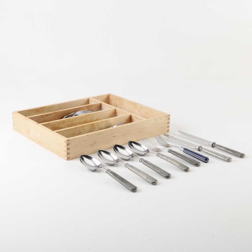 Mixed Stainless Steel Flatware with Wooden Drawer Organizer
