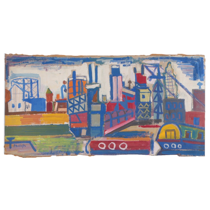 Esther Phillips 1957 Gouache Painting on Paperboard "Gowanus Canal"