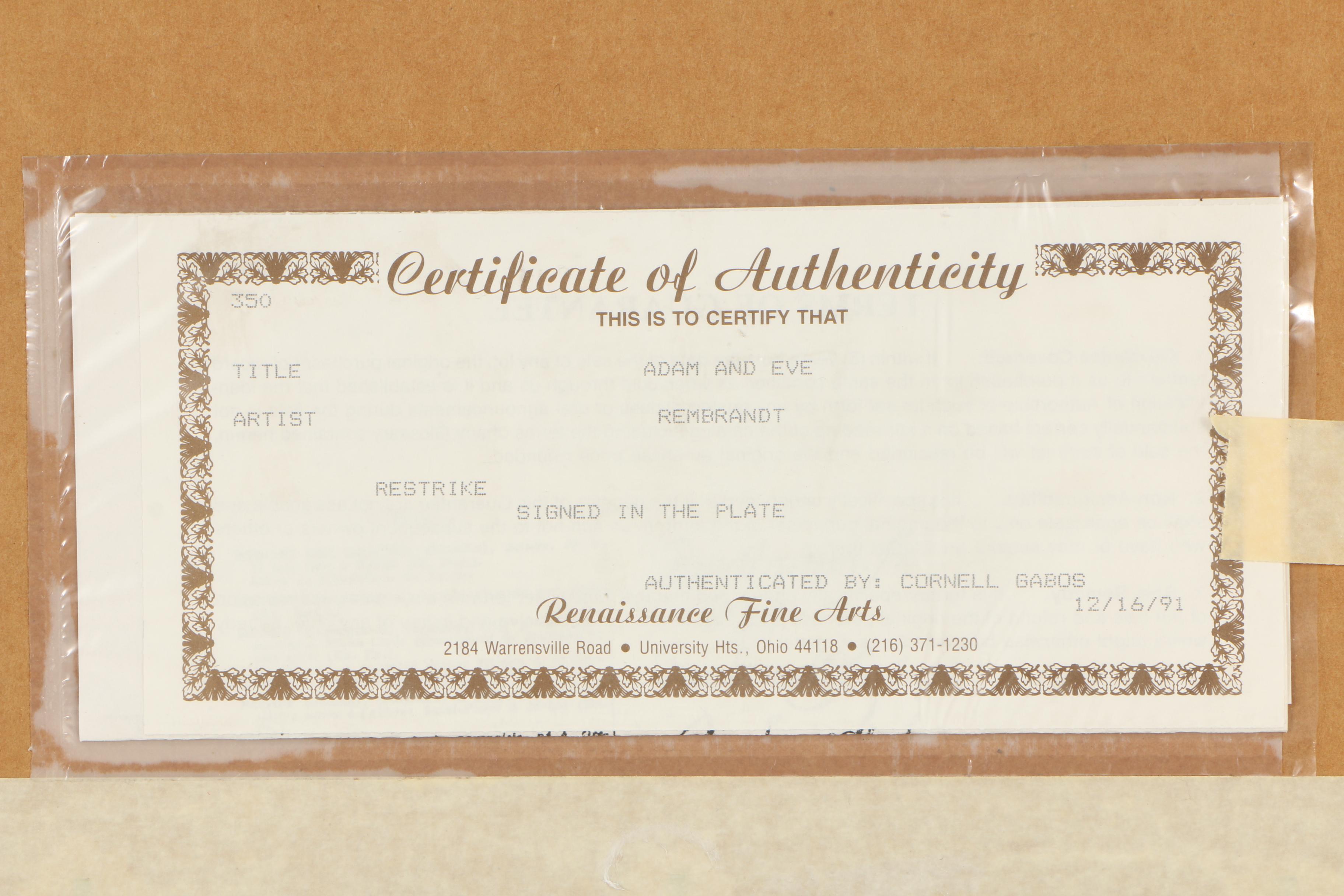 Etching After Rembrandt van Rijn "Adam and Eve"