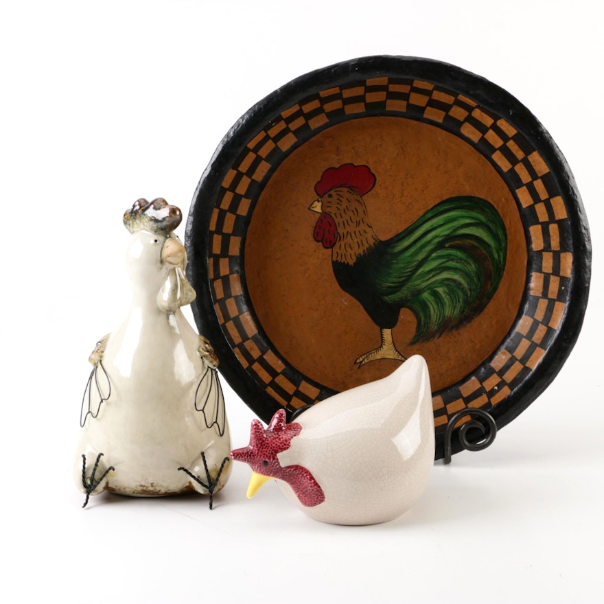 Hand-Painted Ceramic Chicken Figurines and Papier-Mâché Mache Plate