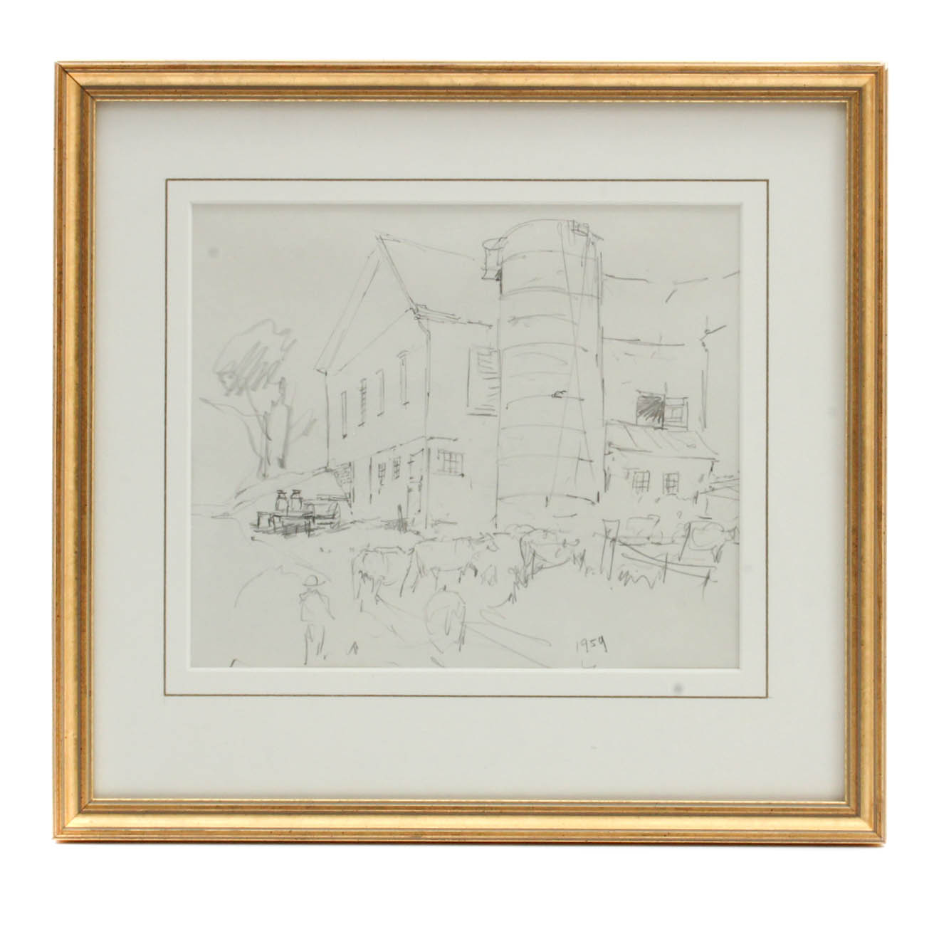 1959 Ohio Artist Leslie Cope Sketch of Barn and Cattle