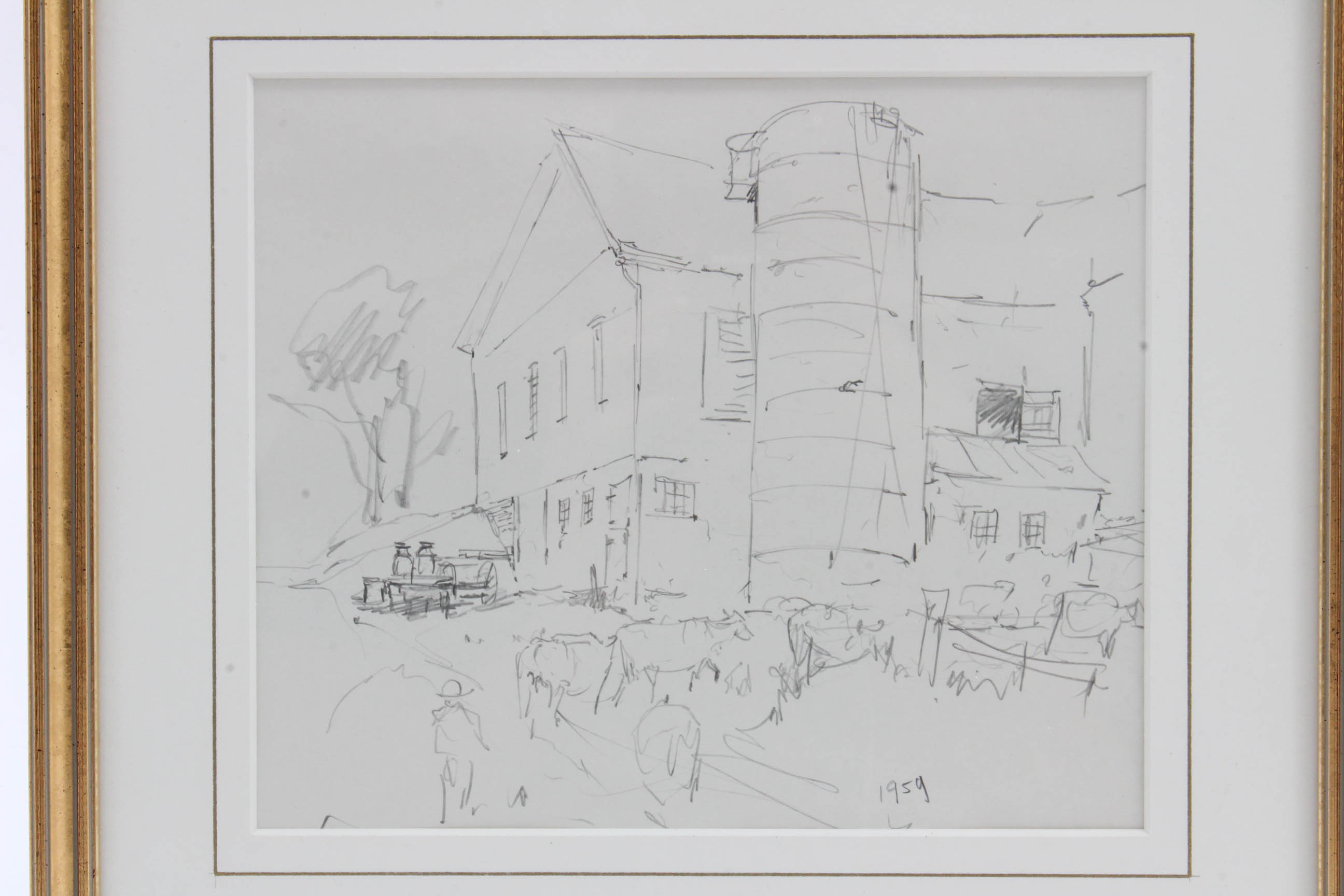 1959 Ohio Artist Leslie Cope Sketch of Barn and Cattle