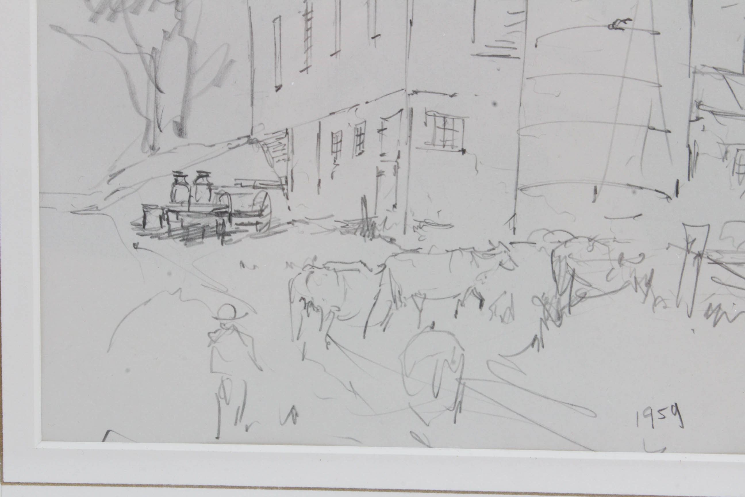 1959 Ohio Artist Leslie Cope Sketch of Barn and Cattle