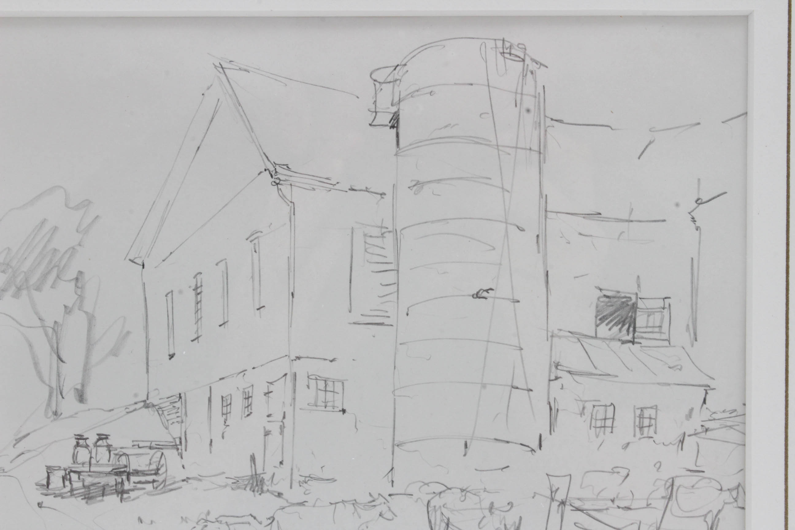 1959 Ohio Artist Leslie Cope Sketch of Barn and Cattle
