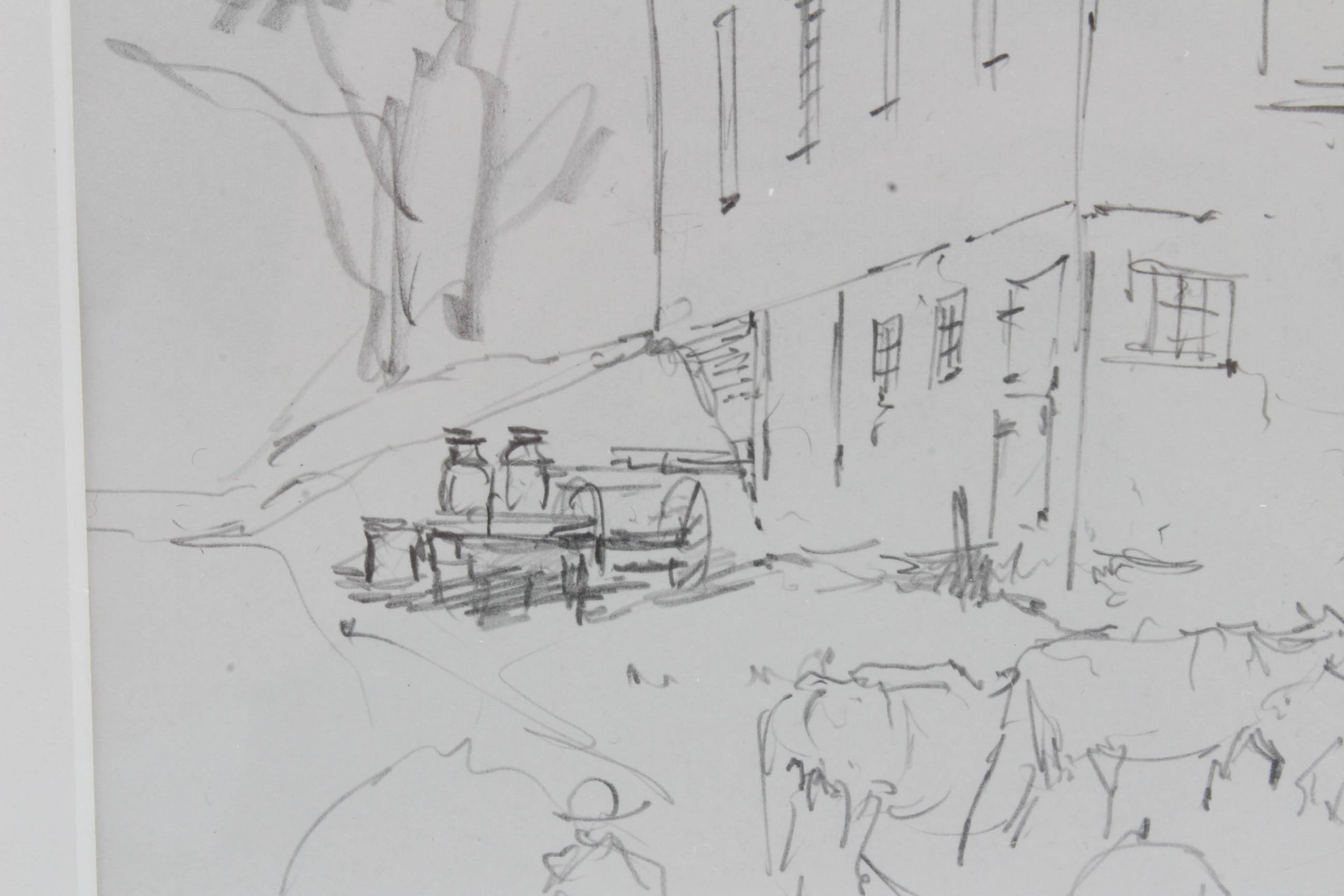 1959 Ohio Artist Leslie Cope Sketch of Barn and Cattle