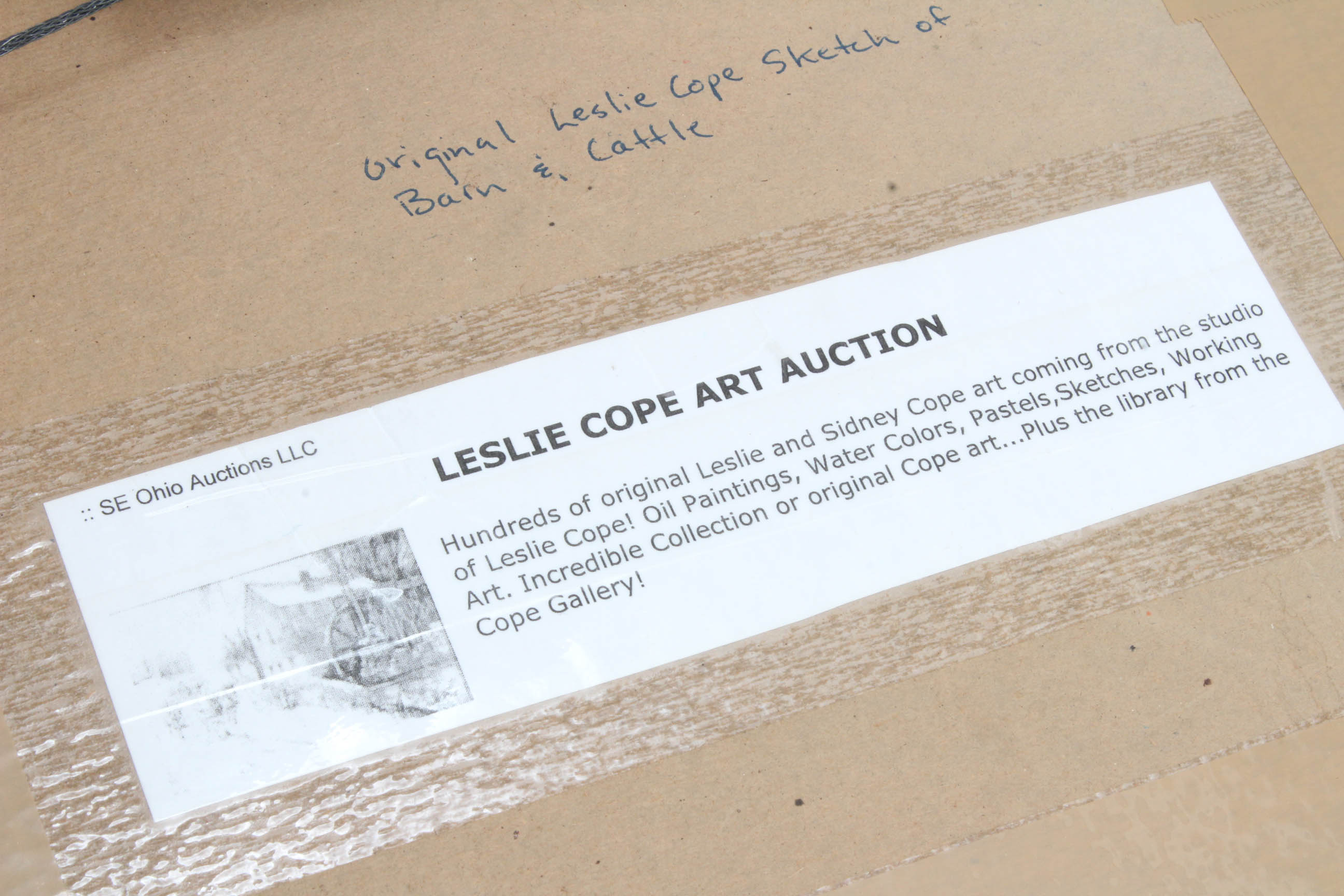 1959 Ohio Artist Leslie Cope Sketch of Barn and Cattle