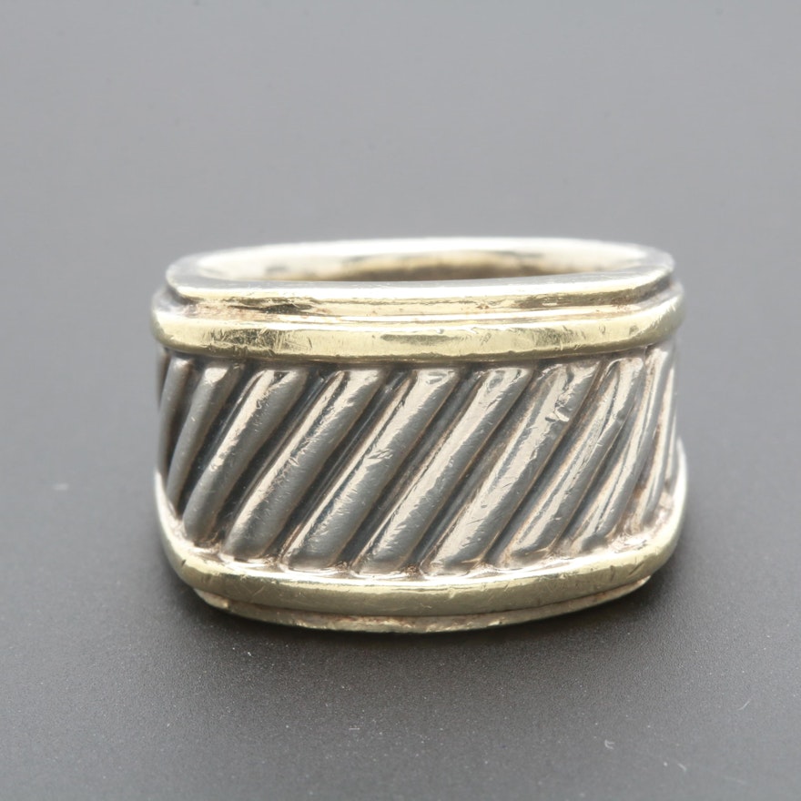 David Yurman Sterling Silver Cigar Band Ring With 14K Yellow Gold Accents