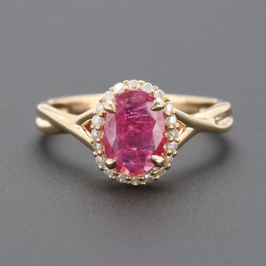 14K Yellow Gold Untreated 0.91 CT Ruby and Diamond Ring