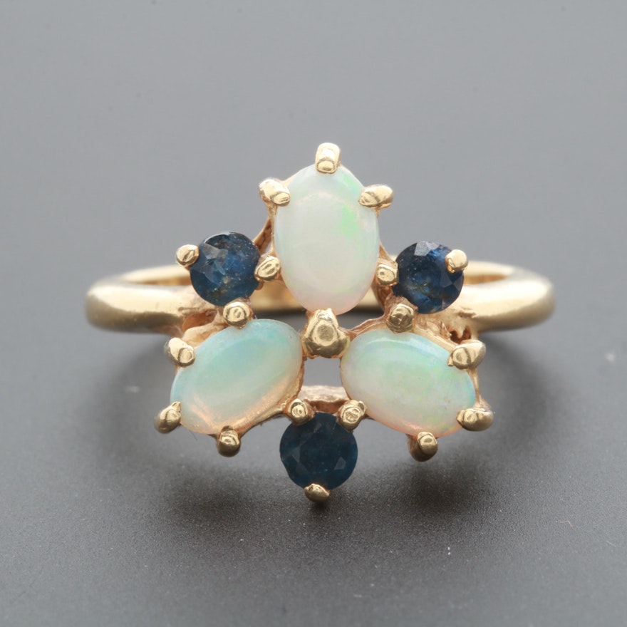 14K Yellow Gold Opal and Blue Sapphire Ring