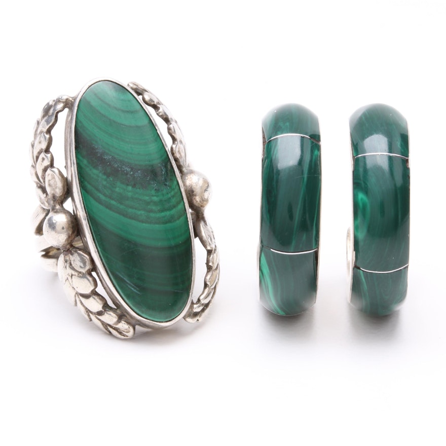 Southwestern Style Sterling Silver Malachite Ring and Earrings