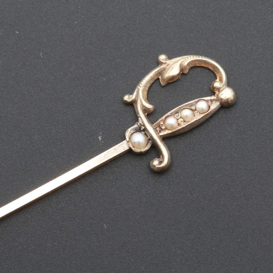 Antique 14K Yellow Gold Seed Pearl Sword Shaped Stick Pin