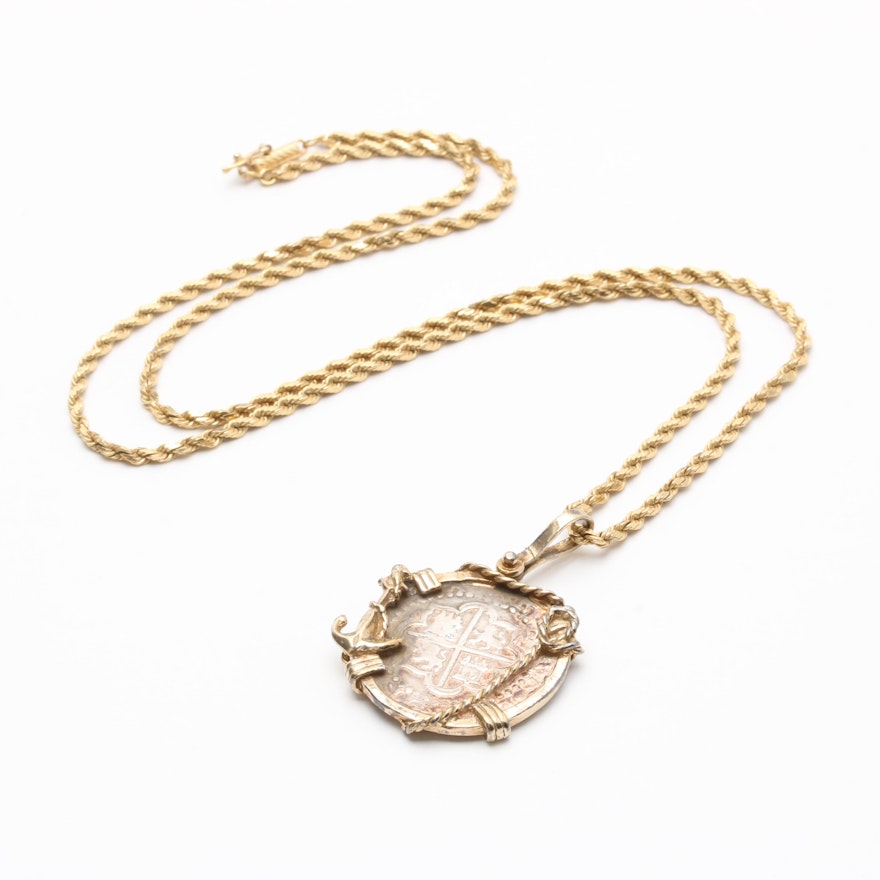 Sterling Silver Pendant with Spanish Colonial Cob on 14K Yellow Gold Necklace
