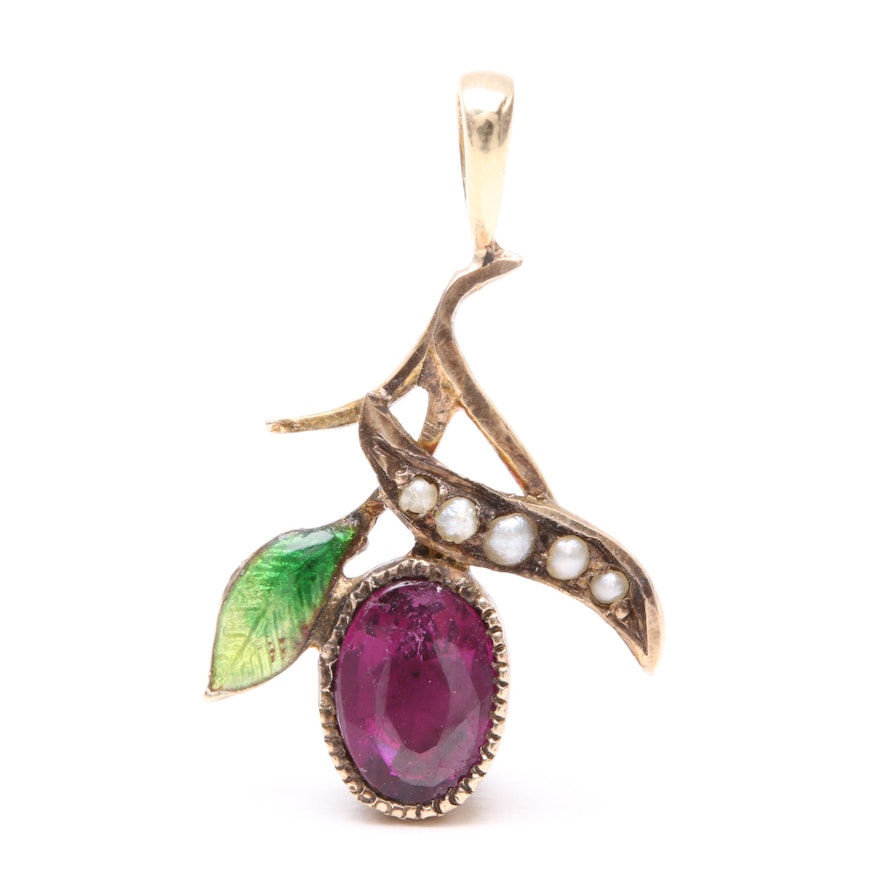 14K Yellow Gold and Costume Gemstone Foliate Pendant