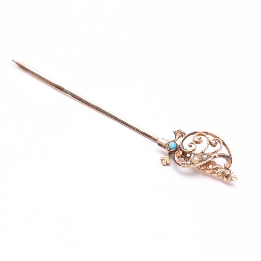 14K Yellow Gold Turquoise and Cultured Pearl Figural Sword Pin