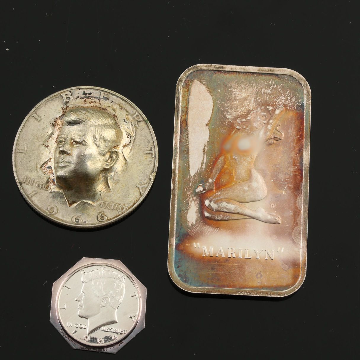 Marilyn Monroe Silver Ingot and Two Novelty Silver Coins