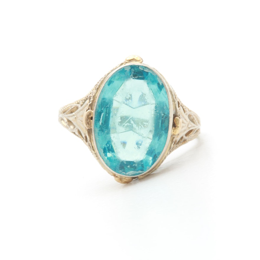 Vintage 14K White Gold Blue Glass Ring