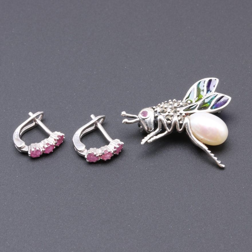 Sterling Silver Ruby Hoops and Cultured Pearl And Marcasite Winged Insect Brooch