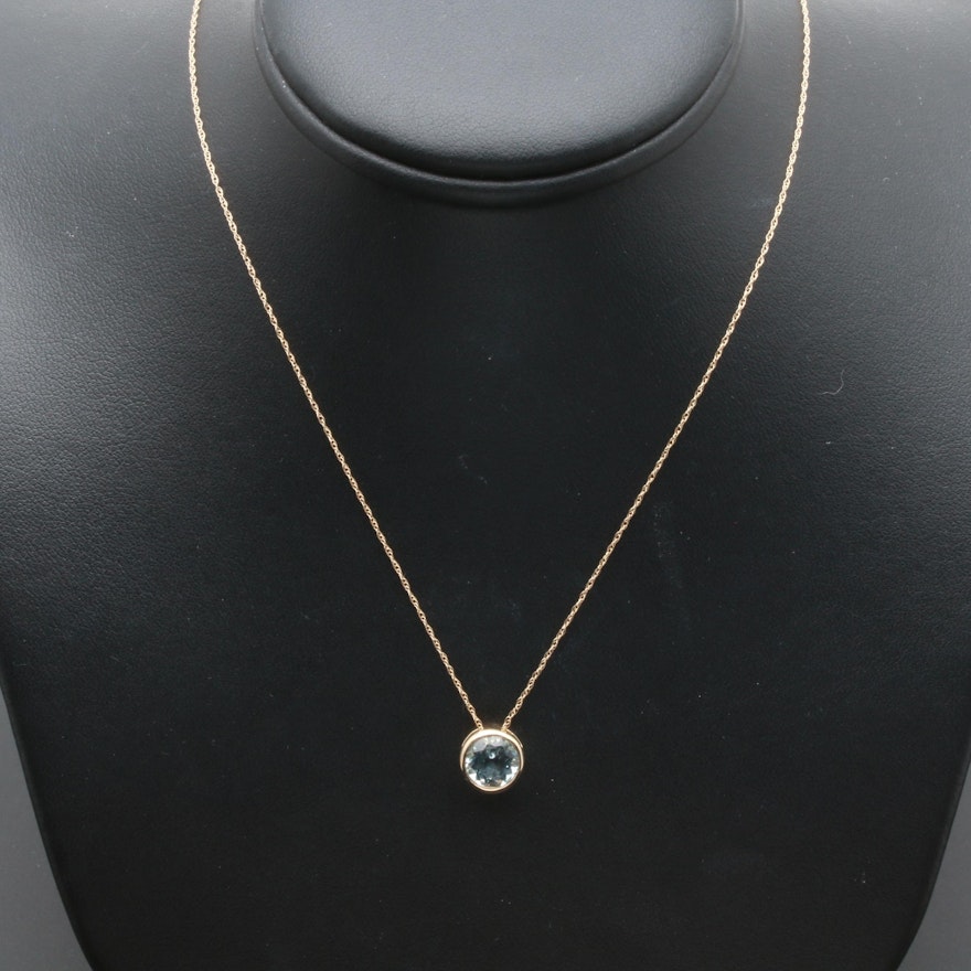 14K Yellow Gold Aquamarine Solitaire Pendant Necklace