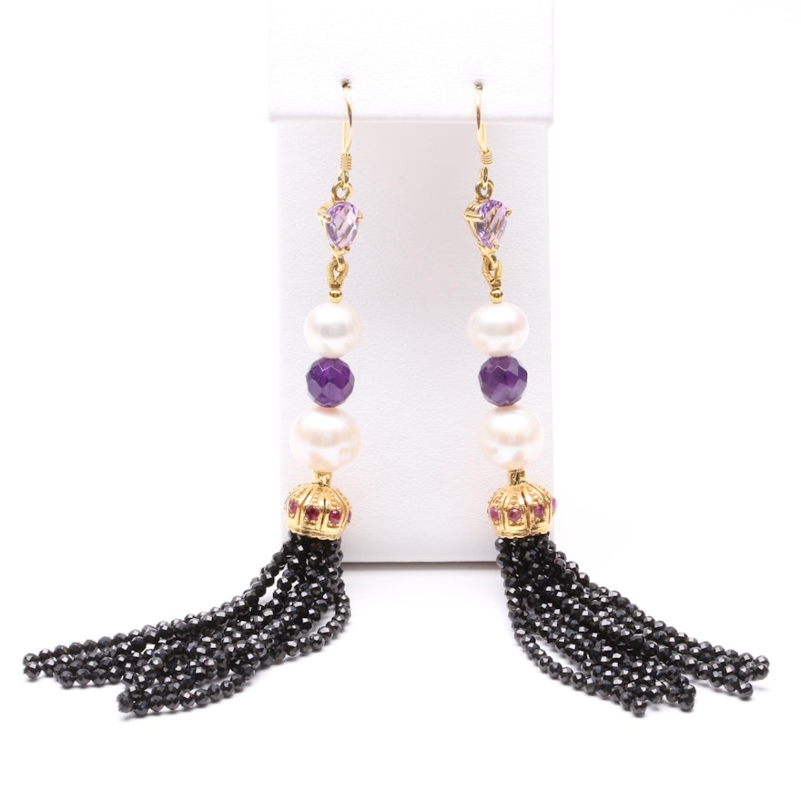 Gold Wash on Sterling Silver Drop Earrings With Amethyst, Pearl, and Onyx