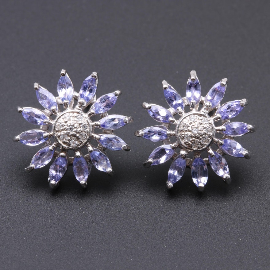 Sterling Silver Tanzanite and Cubic Zirconia Floral Cluster Earrings