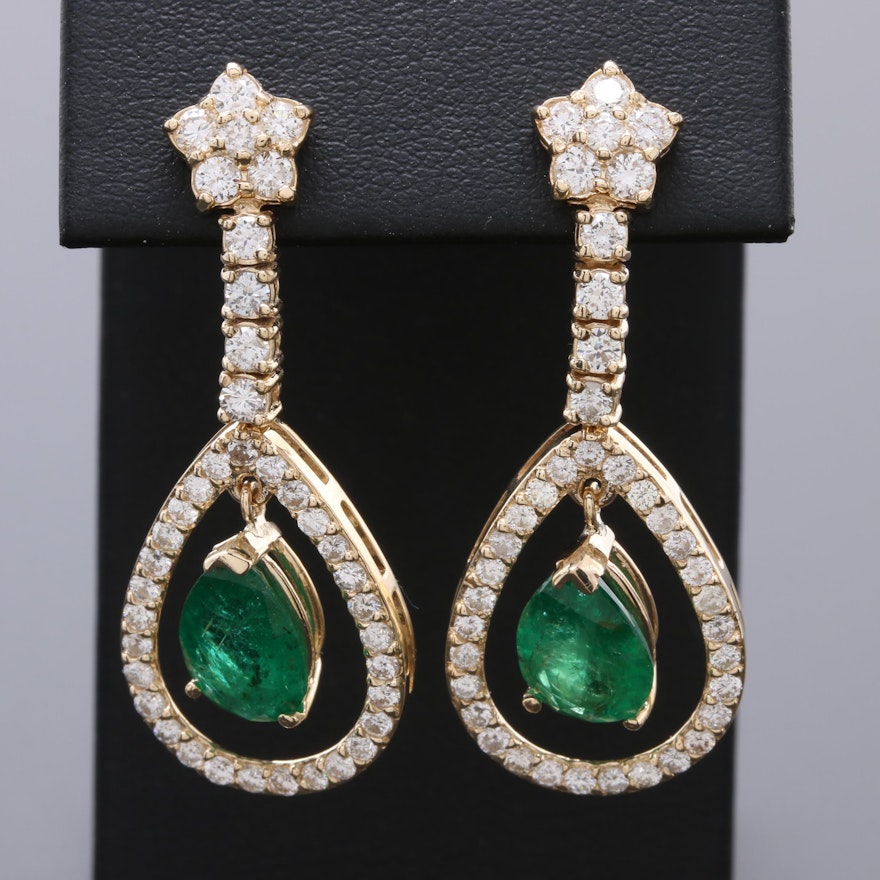 14K Yellow Gold 3.36 CTW Emerald and 2.12 CTW Diamond Drop Earrings