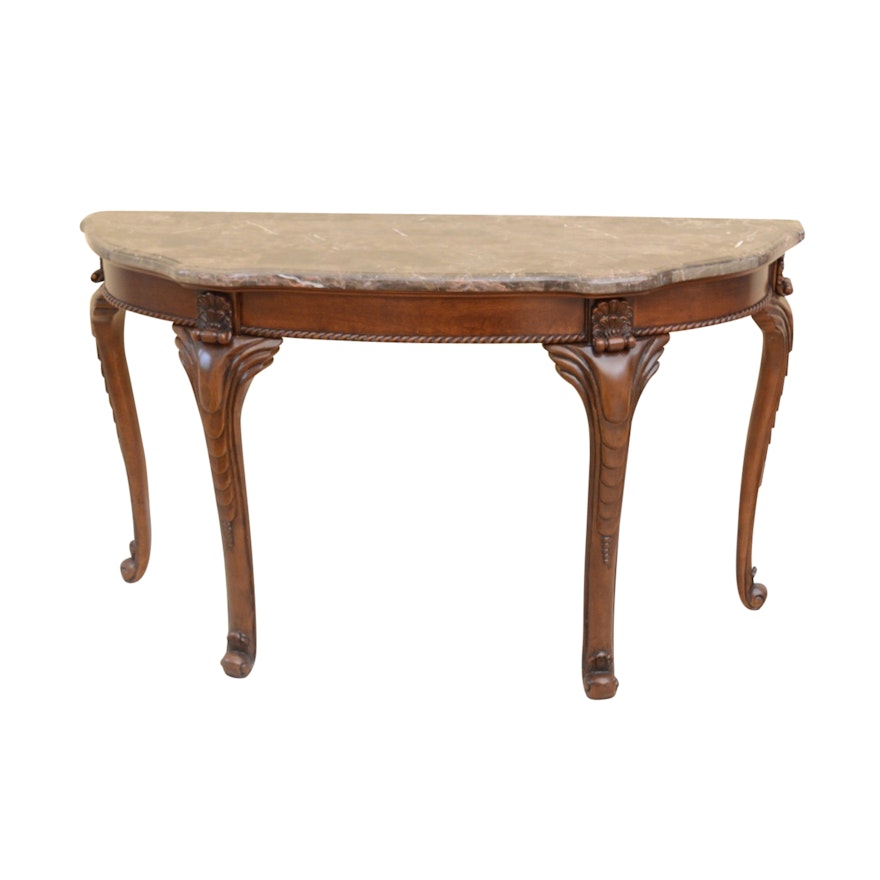 Carved Wood Console Table with Marble Top