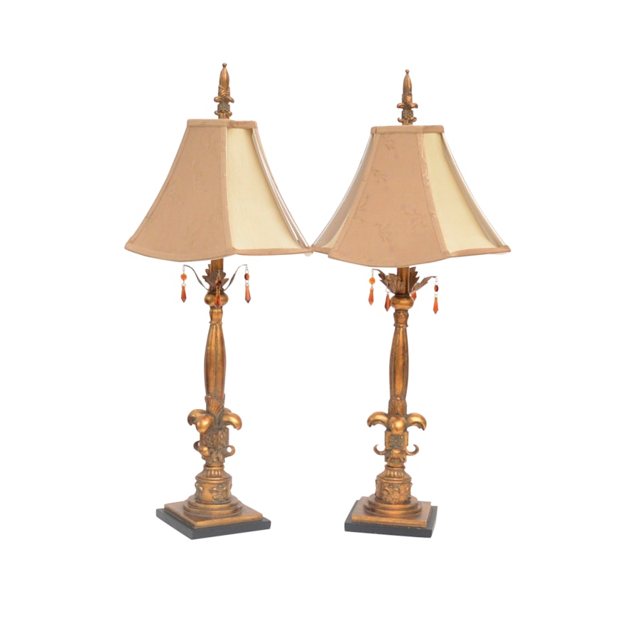 Plaster Fleur de Lis Table Lamps with Silk Scalloped Bell Shades