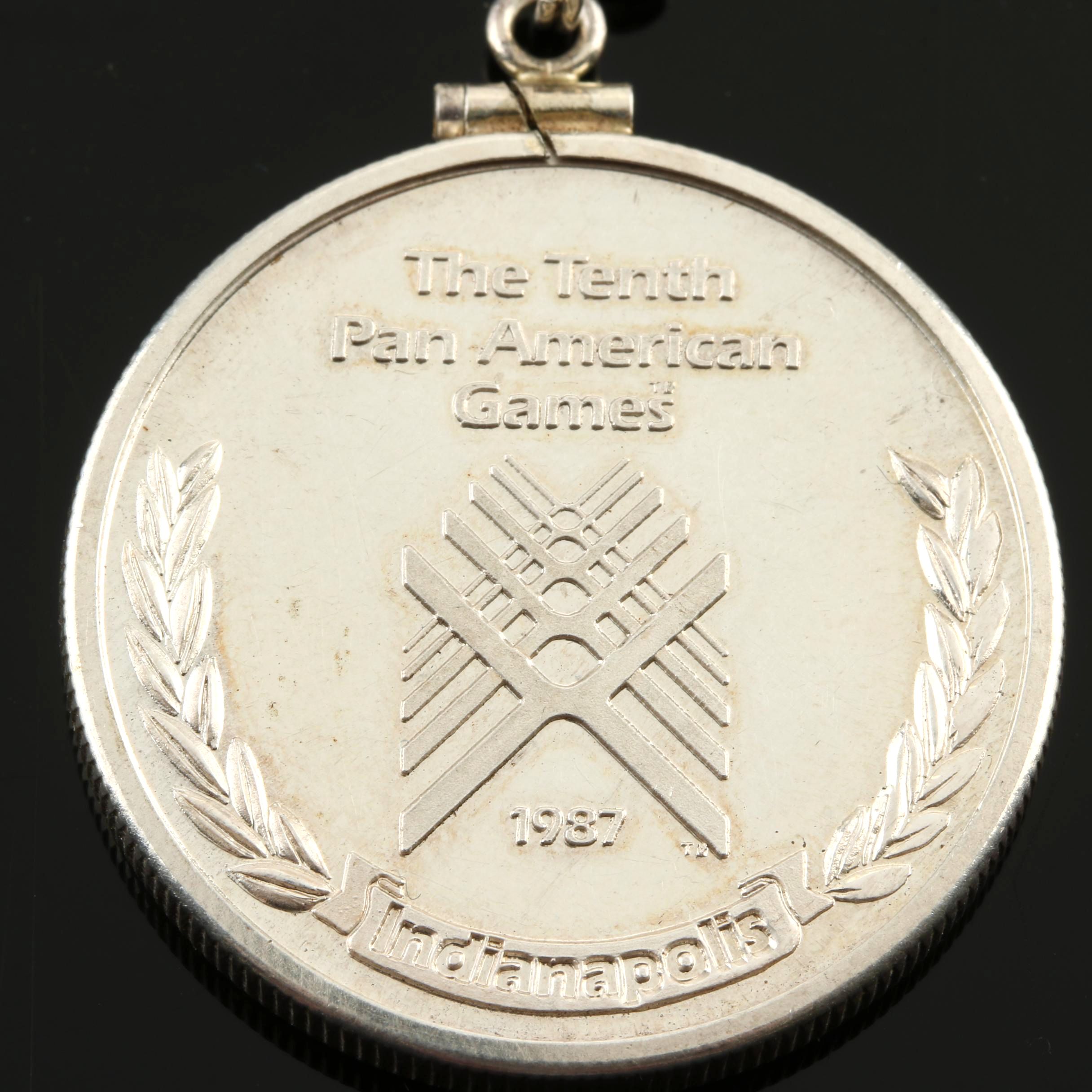 1987 Tenth Pan-Am Games Commemorative Silver Medal With Sterling Silver Necklace