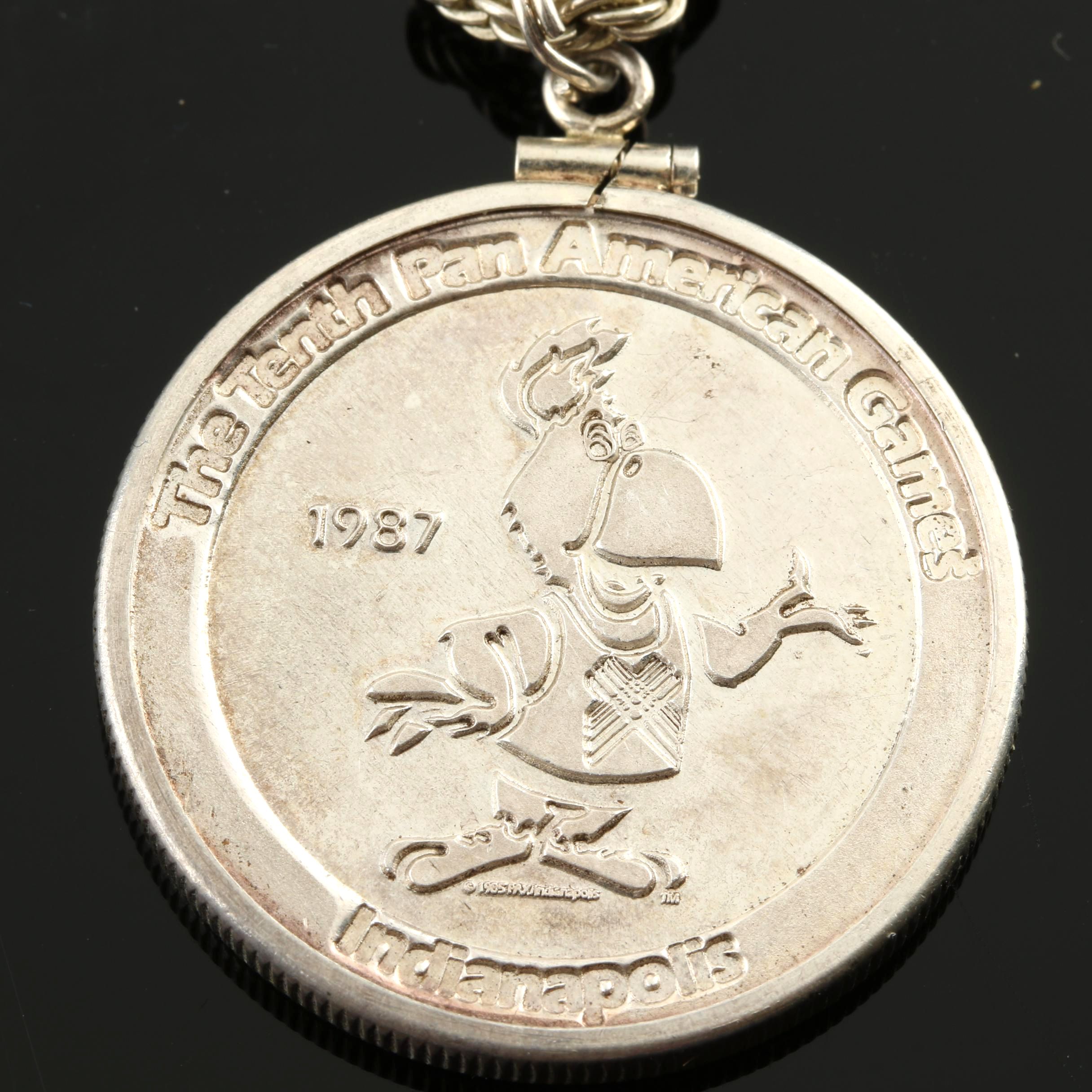 1987 Tenth Pan-Am Games Commemorative Silver Medal With Sterling Silver Necklace