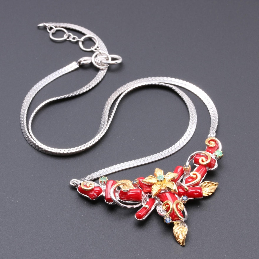 Sterling Silver Gemstone Necklace Including Coral and Gold Wash Accents