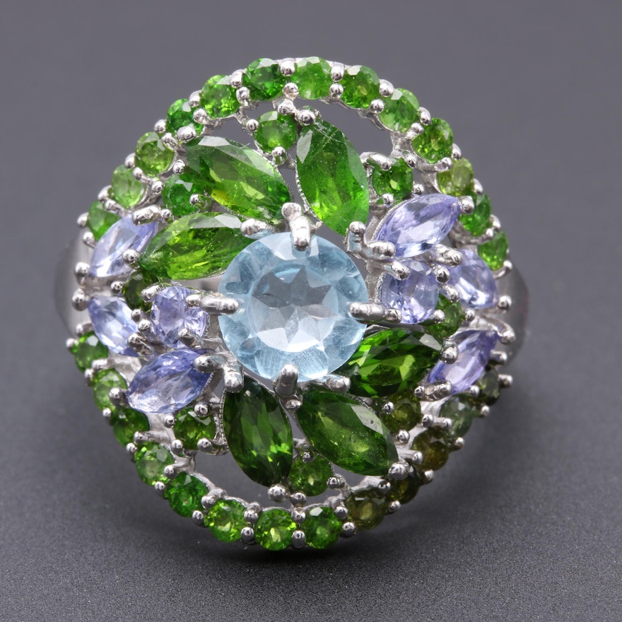 Sterling Silver Multi-Gemstone Cluster Floral Ring