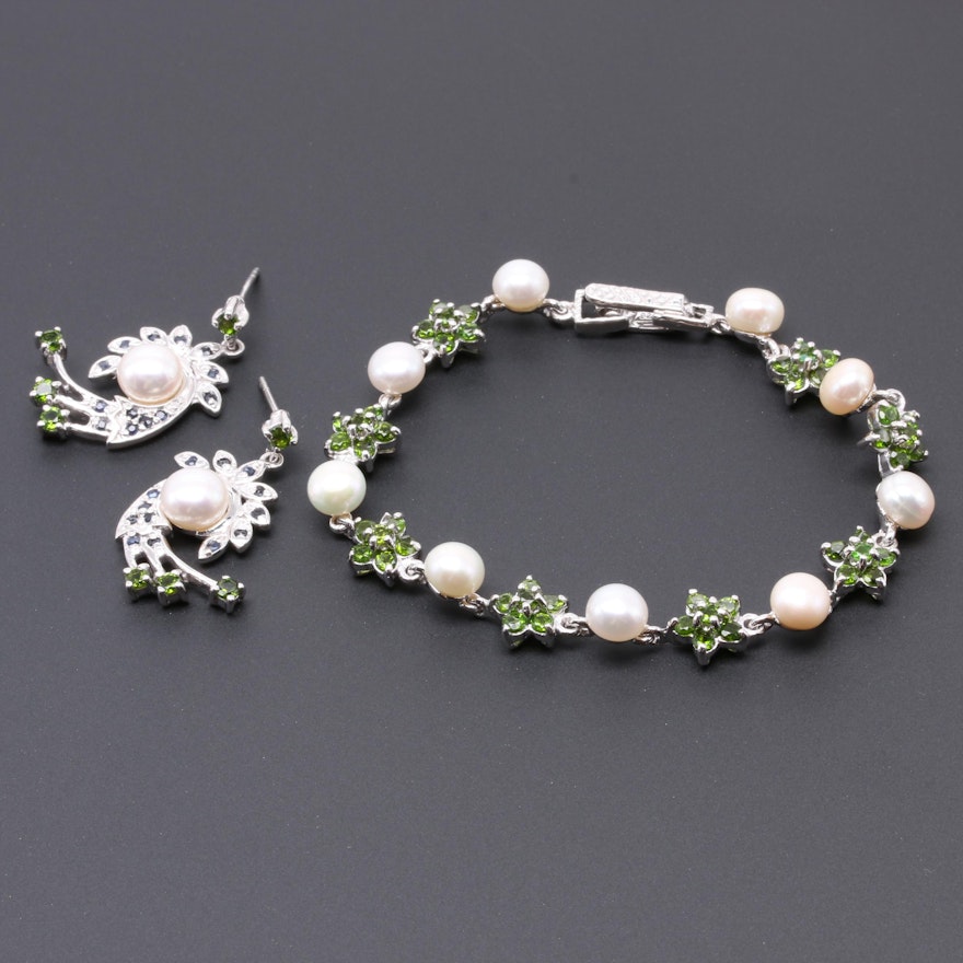 Sterling Silver Gemstone Earrings and Bracelet Including Cultured Pearl