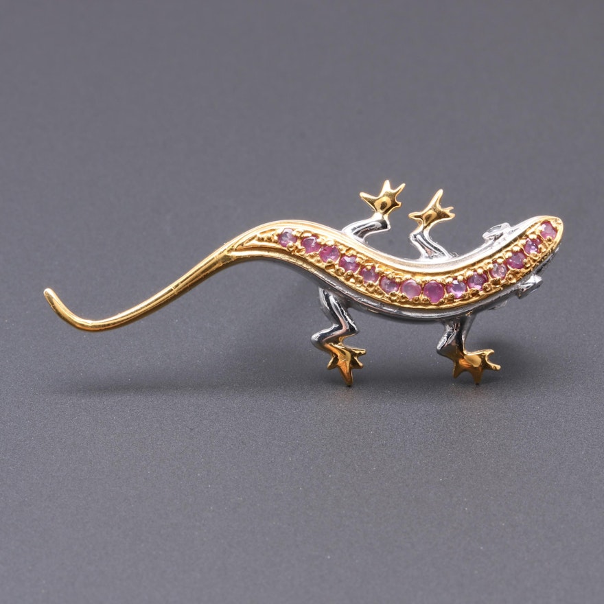 Sterling Silver Ruby and Sapphire Lizard Converter Brooch with Gold Wash Accents