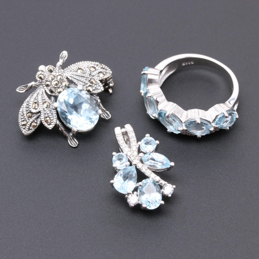 Sterling Silver Blue Topaz Jewelry Assortment with Marcasite and Cubic Zirconia