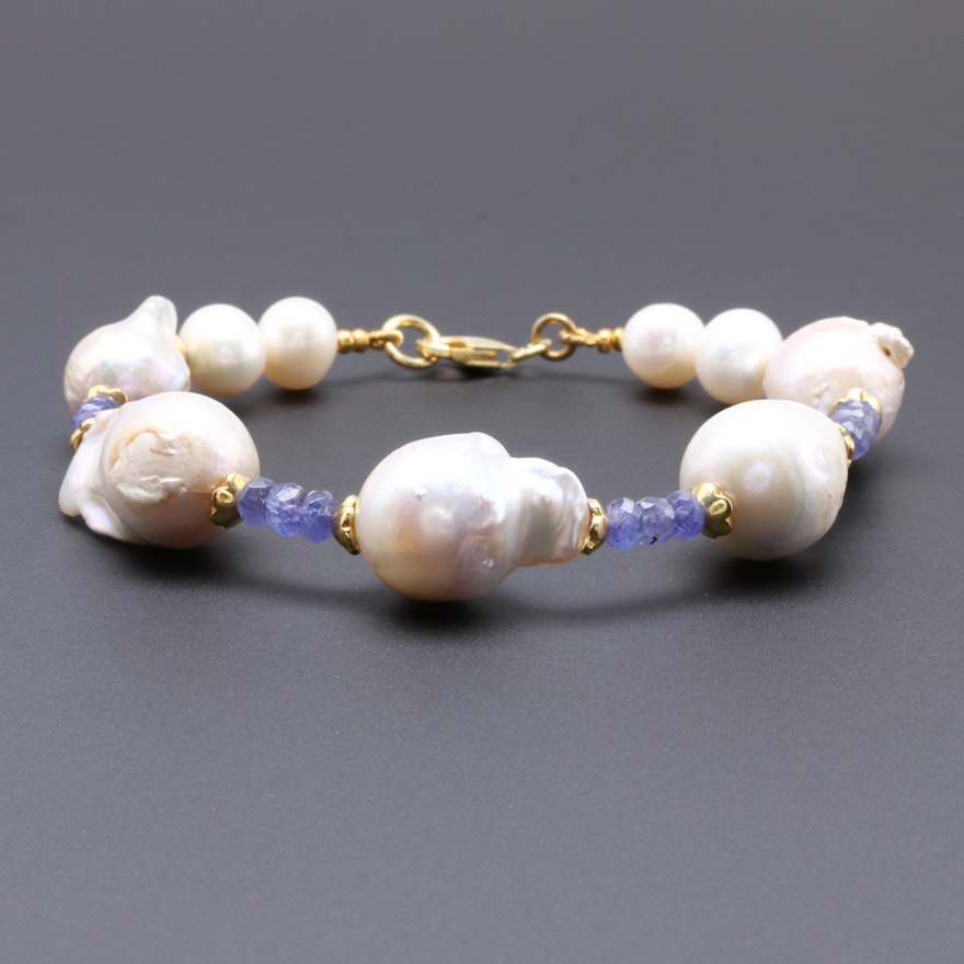 Gold Wash on Sterling Silver Cultured Pearl and Tanzanite Bracelet