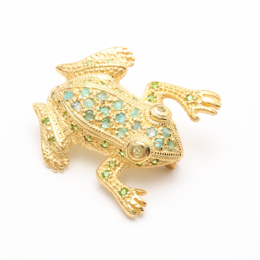 Gold Wash on Sterling Silver Emerald, Peridot, and Diopside Frog Brooch