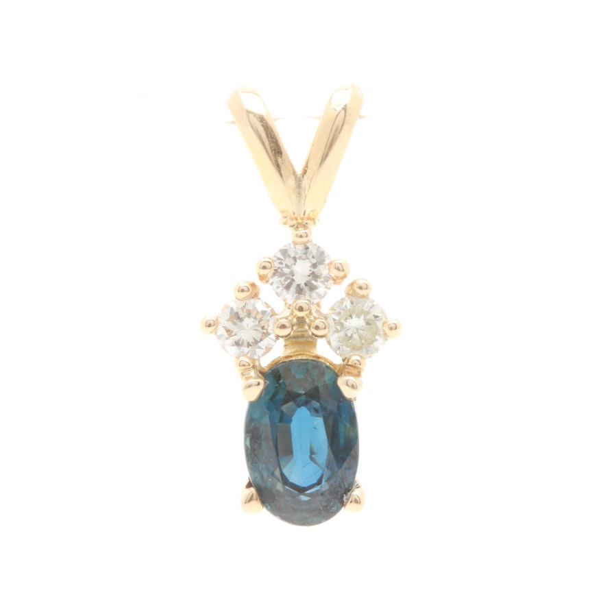 14K Yellow Gold Blue Sapphire and Diamond Pendant