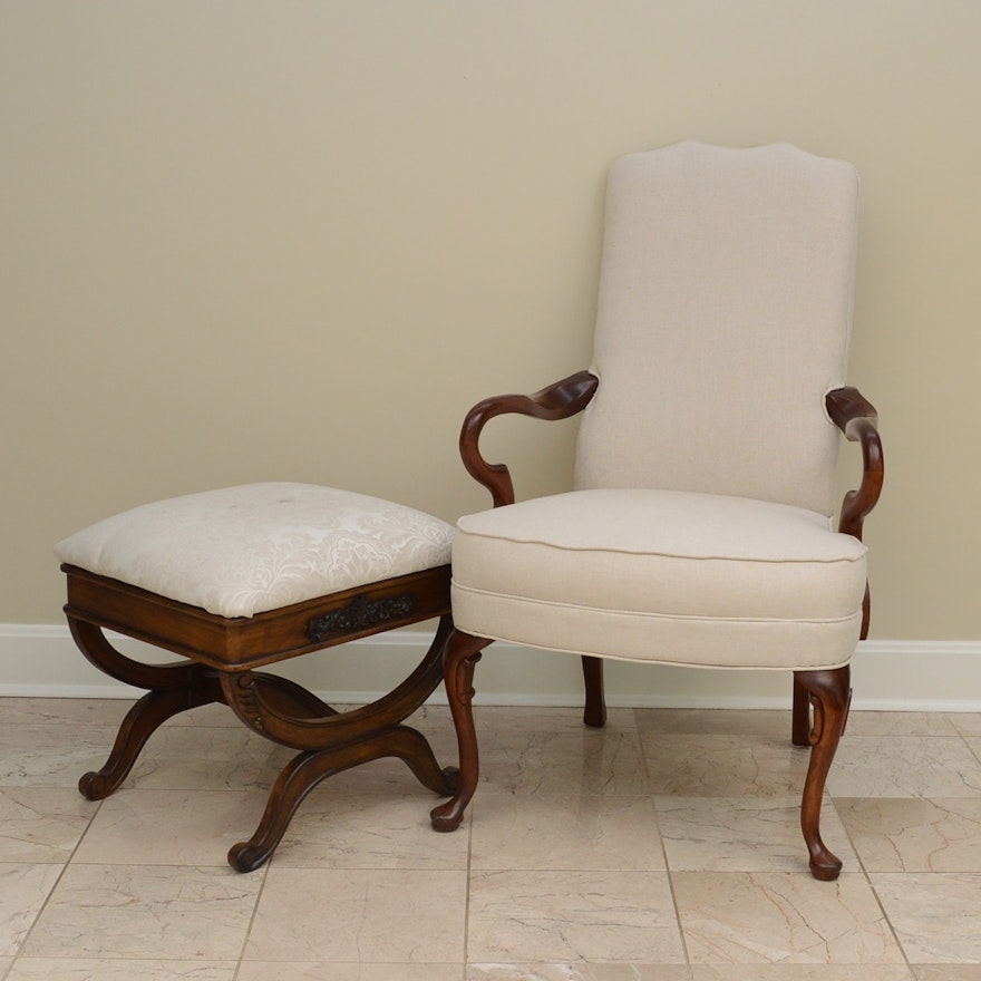 High Back Arm Chair and Carved Wood Stool with Upholstered Top