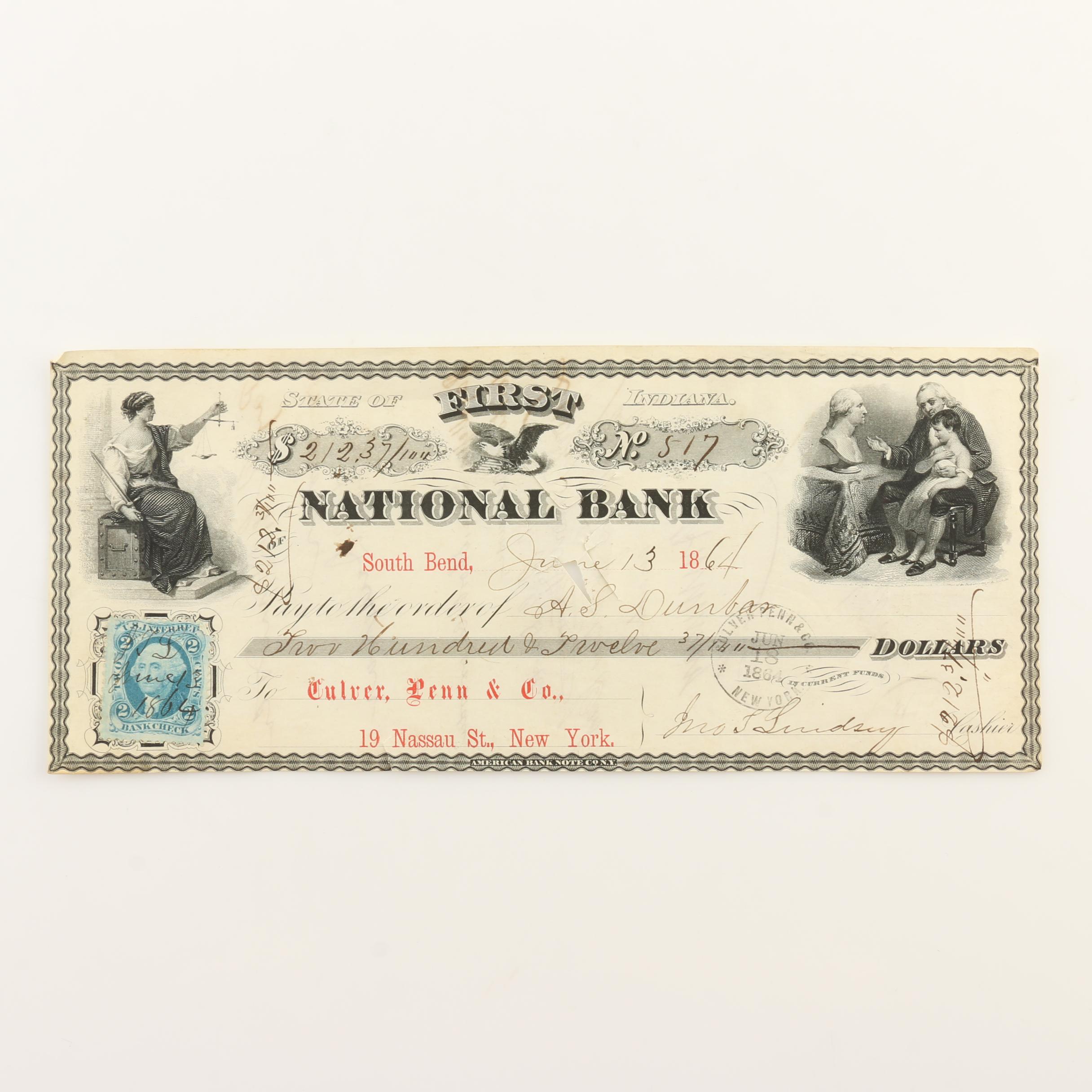 Four Antique Obsolete Currency Notes from the 1850s and 1860s and a Check