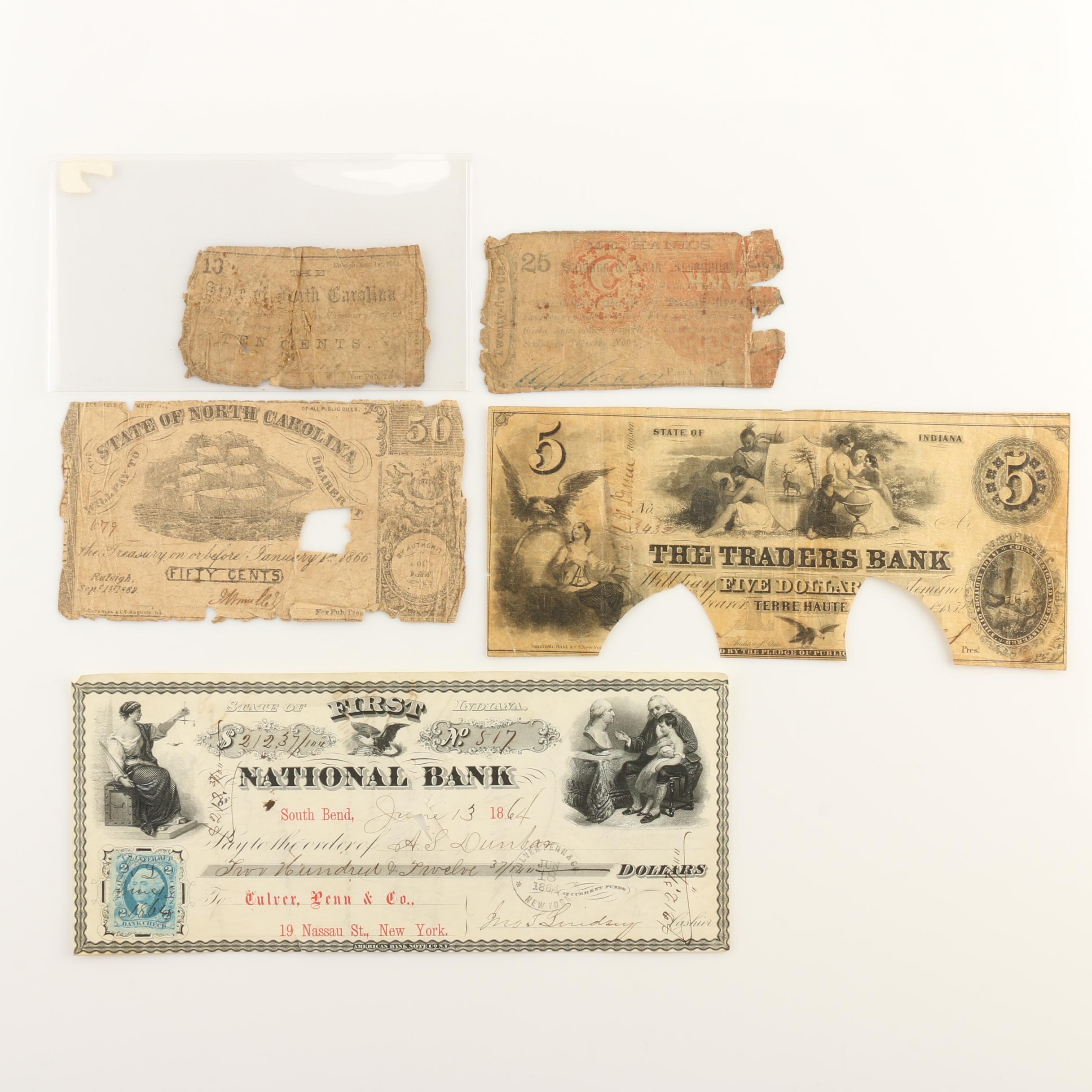 Four Antique Obsolete Currency Notes from the 1850s and 1860s and a Check