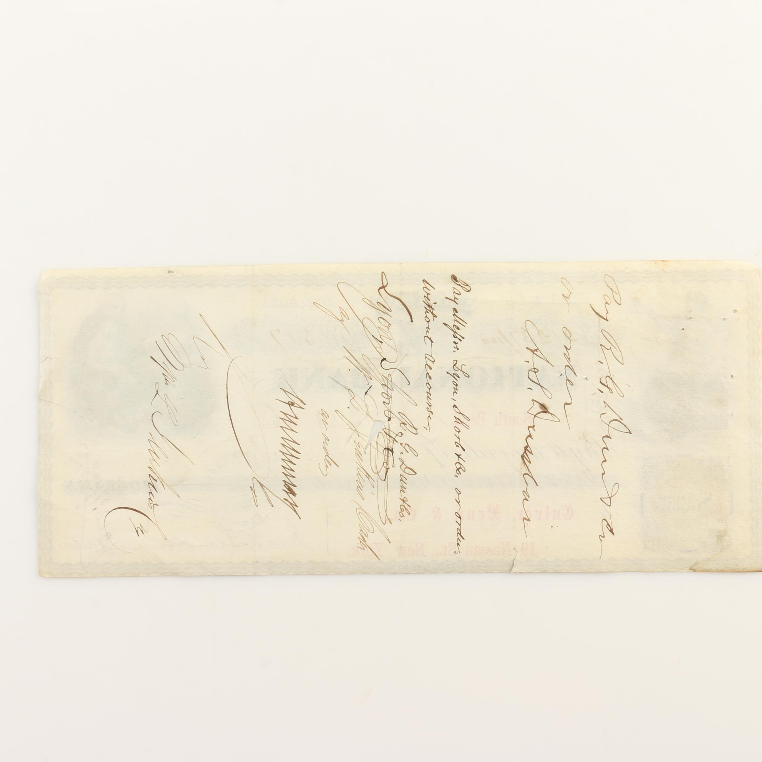 Four Antique Obsolete Currency Notes from the 1850s and 1860s and a Check